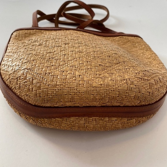 Vintage 80s Woven Straw Leather Trimmed Shoulderbag Brown Tan Double Straps - Picture 3 of 15